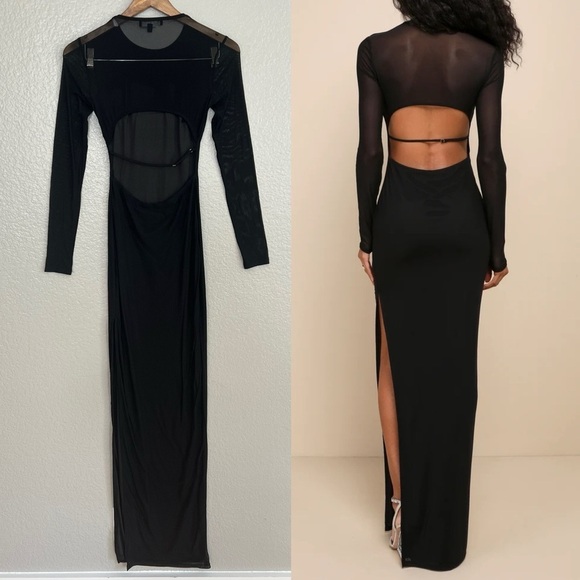 NWOT Pristine Poise Black Mesh Cutout Long Sleeve Maxi Dress - Picture 3 of 7